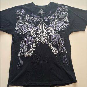 Mens affliction style wings with spine bone v neck shirt